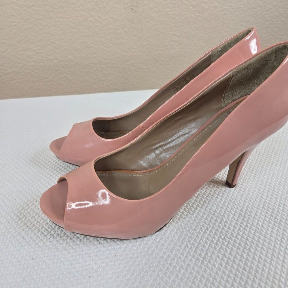 Y2K Fergie Fergalicious Pink Patent Leather Peep Toe Heels Womens Size 8.5
